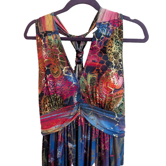 Miss California Multi Metallic Pattern Halter Slinky Maxi Dress Large C2 Resort - Picture 6 of 8